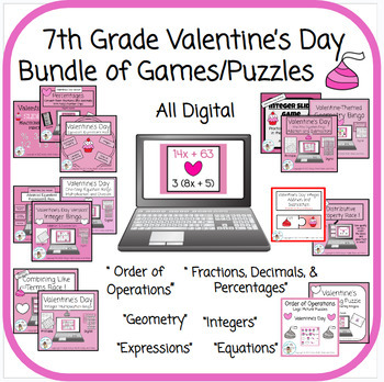 Preview of 7th Grade Valentine's Day Bundle of 15 Games/Puzzles