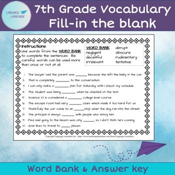 Preview of 7th Grade Vocabulary FILL-IN Worksheets