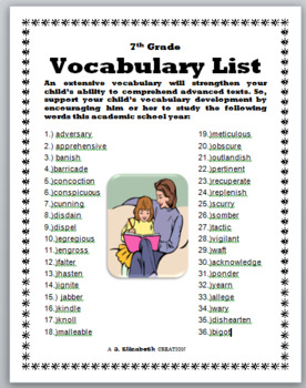7th grade vocabulary list by j elizabeth creations tpt