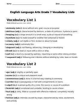 Preview of 7th Grade Vocabulary Lists Packet - 16 Vocabulary Lists - 160 Vocabulary Words