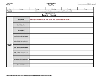 Preview of Grade 7 Weekly Lesson Plan Template w Florida + BEST Standards Drop Down Lists