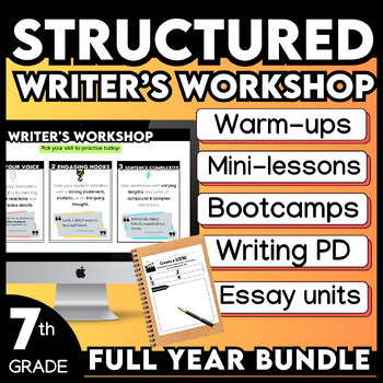 Preview of 7th Grade Writer's Workshop FULL YEAR Warmups, Prompts, Essays, CER, PD Videos