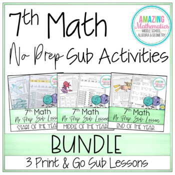 Preview of 7th Math No Prep Sub Lesson / Substitute Teacher Activities Bundle