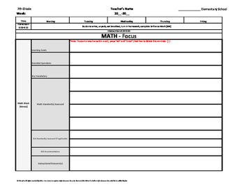 Preview of 7th Seventh Grade Common Core Weekly Lesson Plan Template w/ Drop Down Lists