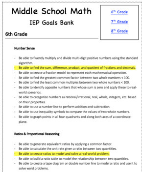 Preview of Middle School Math - IEP Goal Bank (6 - 8th Grade)