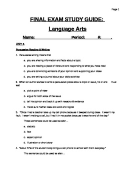 Preview of 7th grade Language Arts final exam study guide
