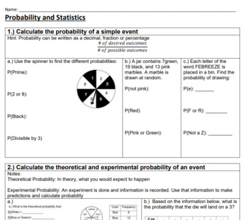 Preview of 7th grade Probability and Statistics Study Guide Test Prep Worksheet