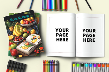 Preview of 7x10 Book Cover and Pages Design Mockup, Open and closed book mockup