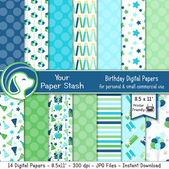 Preview of 8.5x11 Blue Green Boy Birthday Digital Scrapbook Paper Background Patterns