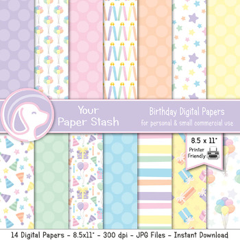 Preview of 8.5x11 Pastel Digital Paper Patterns with Balloons Party Hats Candle Designs