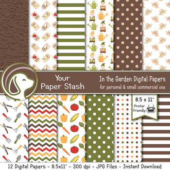 Preview of 8.5x11" Printable Garden Digital Papers for Summer Scrapbooking, Garden Gnome