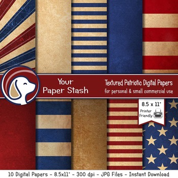 8.5x11 Printable Patriotic Digital Scrapbook Papers Backgrounds Vintage