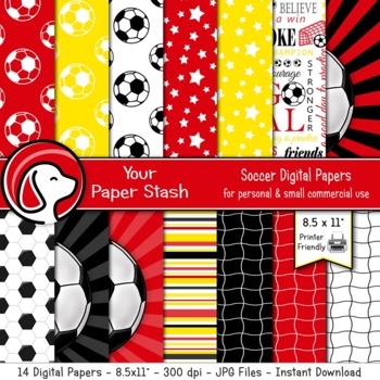 8.5x11 Red Yellow Soccer Sports Theme Digital scrapbook Papers Backgrounds
