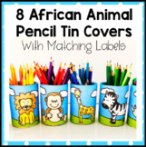 8 African Animal Pencil Tin Covers with Matching Labels