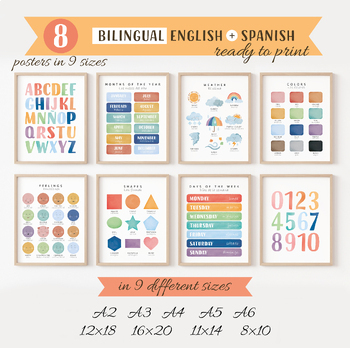 Preview of 8 Bilingual Spanish Educational Posters, Spanish Learning Postes.