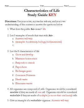 8 Characteristics Of Life Study Guide And Key By The Trusted Teacher
