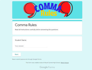 Preview of 8 Comma Rules Google Form quiz/ Distance learning