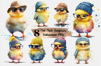 Preview of 8 Cool Chick Watercolor Sublimation PNG, Easter Cool Chick With Sunglasses
