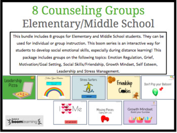 Preview of 8 Counseling Groups Bundle (Elementary/Middle School) - Boom Slides