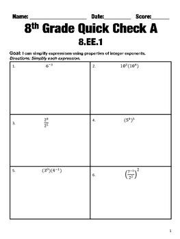 8.EE.1-8.EE.4 Expressions and Equations Common Core Quick Check Assessments