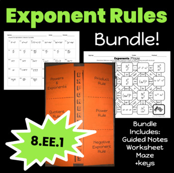 Preview of 8.EE.1 | EXPONENT RULES | Bundle | Notes Foldable & Worksheet | Maze Activity