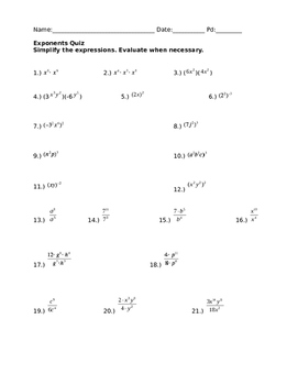 8.EE.1 Common Core 8 Integer Exponents Assessment Quiz | TpT