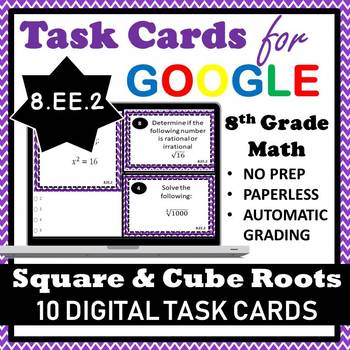 Preview of 8.EE.2 Digital Task Cards, 8th Grade Math Square & Cube Root Google Task Cards