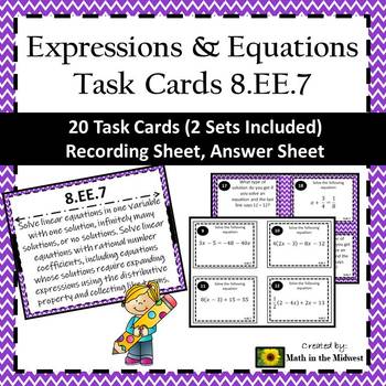 Preview of 8.EE.7 Task Cards, Solving Multi Step Equations {One/No/Infinite Solutions}