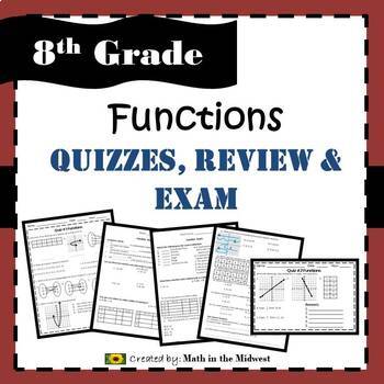 Preview of Functions - Quizzes, Review and Exam: 8.F.1, 8.F.2, 8.F.3, 8.F.4, 8.F.5