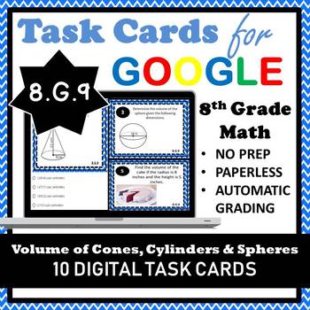 Preview of 8.G.9 Task Cards, Volume of Cylinders, Cones, and Spheres Google Task Cards