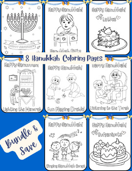 Preview of 8 Happy Hanukkah Coloring Sheets Set Bundle FUN Printable Pages Traditions CUTE