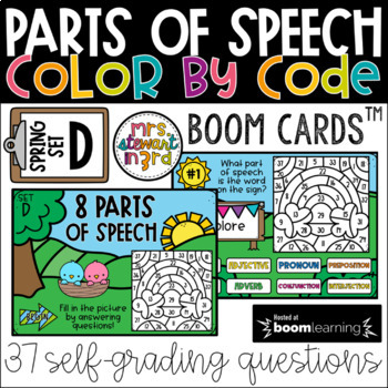 Preview of 8 Parts of Speech Color By Code Set D Digital Boom Cards™ + Google Forms™ Quiz