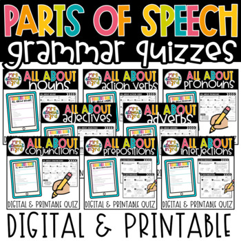 Preview of 8 Parts of Speech Grammar Google Forms™ Quizzes Bundle + PRINTABLES