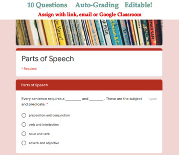 Preview of 8 Parts of Speech Quiz - Digital Google Forms™ Assessment - Distance Learning