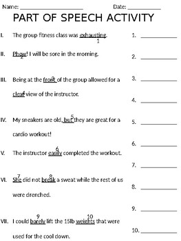 worksheet for 8 parts of speech