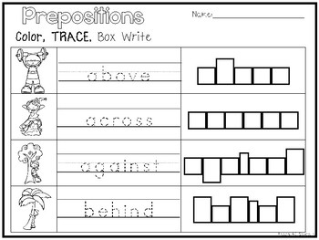8 prepositions color and writing worksheets kindergarten 1st grade ela