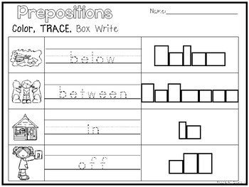 8 prepositions color and writing worksheets kindergarten 1st grade ela