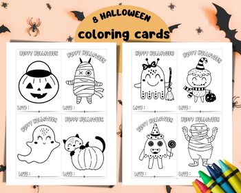Preview of 8 Printable Happy Halloween Coloring Greeting Cards for children