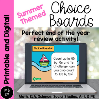 Preview of 8 Printable and Digital Review Summer Themed Choice Boards | 1st and 2nd Grade