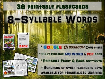 Preview of 8-SYLLABLE WORDS - 36 Printable front/back FLASHCARDS