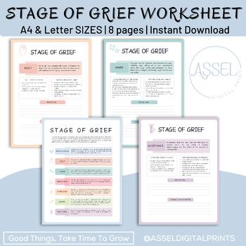 Preview of 8 Stages of grief worksheets, grief and loss, bereavement, grief therapy