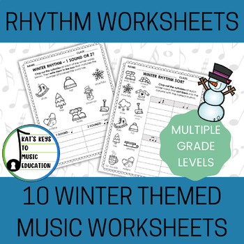 Preview of 10 Winter Themed Rhythm Worksheets - Take Home or In Class Music Worksheets