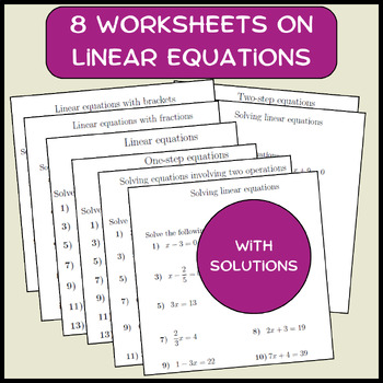 Preview of 8 Worksheets on linear equations (with solutions)