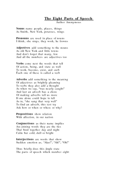 8 parts of speech (poem) by B HM | Teachers Pay Teachers