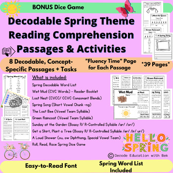Preview of 8 x Decodable Spring Theme Reading Fluency Comprehension Passages & Activities