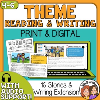 Preview of Finding Theme Task Cards + writing extension + Audio - Digital & Print