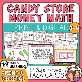 Preview of Money Math Candy Store Task Cards- Working with Coins - Print & Digital