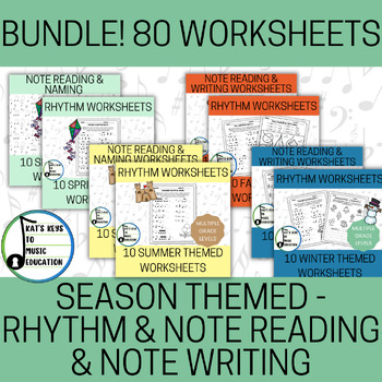 Preview of 80 Season Themed Music Worksheets - Rhythm, Note Reading + Writing MEGA BUNDLE!