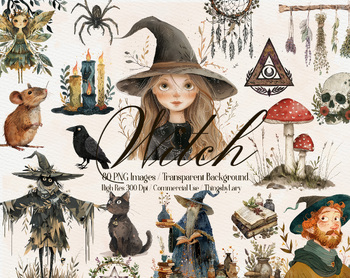 Preview of 80 Watercolor Fantasy Witch PNG Clip Arts