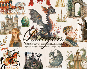 Preview of 80 Watercolor Medieval Fantasy Dragon Royal Knight PNG Clip Arts